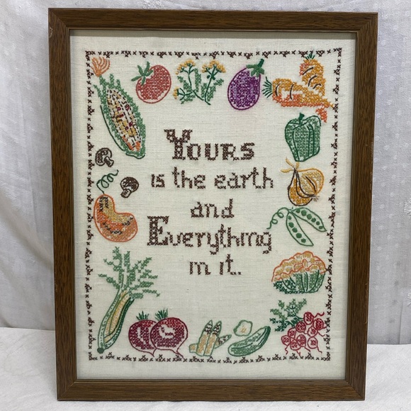 Vintage framed Cross Stitched “YOURS IS THE‎ EARTH AND EVERYTHING IN IT” - Picture 1 of 10